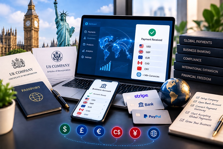 Global payments, business banking and international expansion setup with UK and US company documents, international currencies and payment platforms