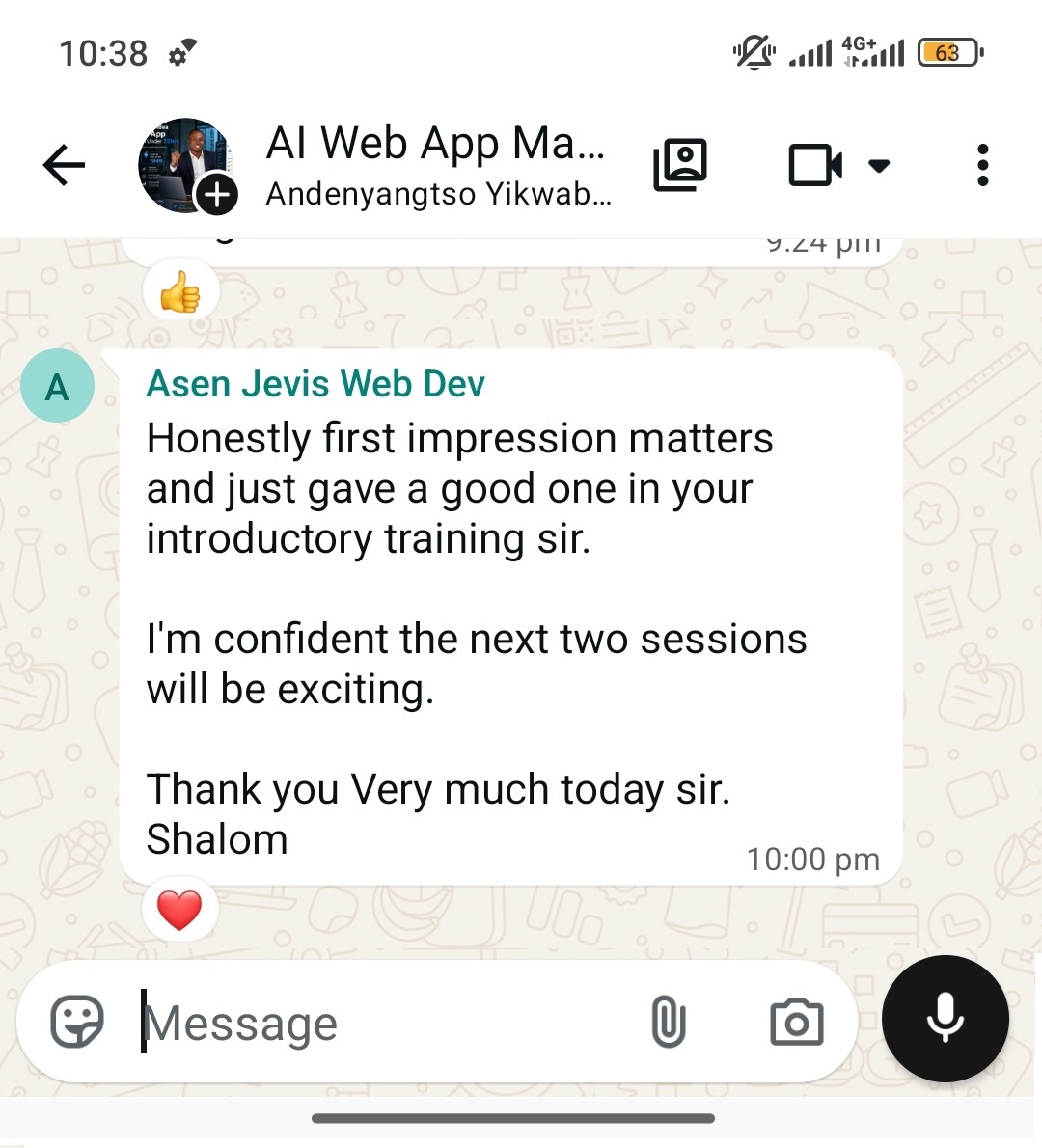 WhatsApp testimonial from Asen Jevis praising the introductory training and saying he is confident the next two sessions will be exciting.