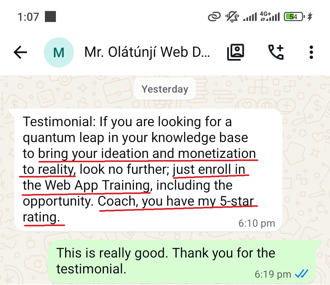WhatsApp testimonial from Mr. Olatunji giving the Web App Training a five-star rating and recommending it for turning ideas and monetization opportunities into reality.
