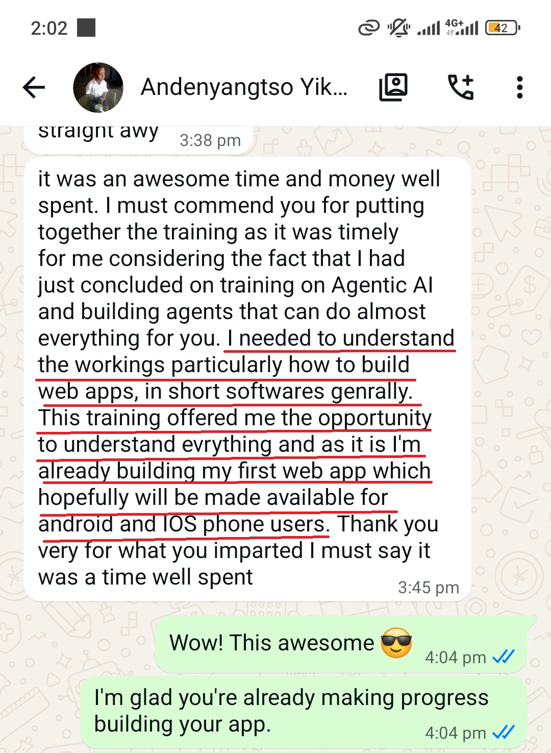 WhatsApp testimonial from a participant describing the training as timely, practical and money well spent, and saying they are already building their first web app.